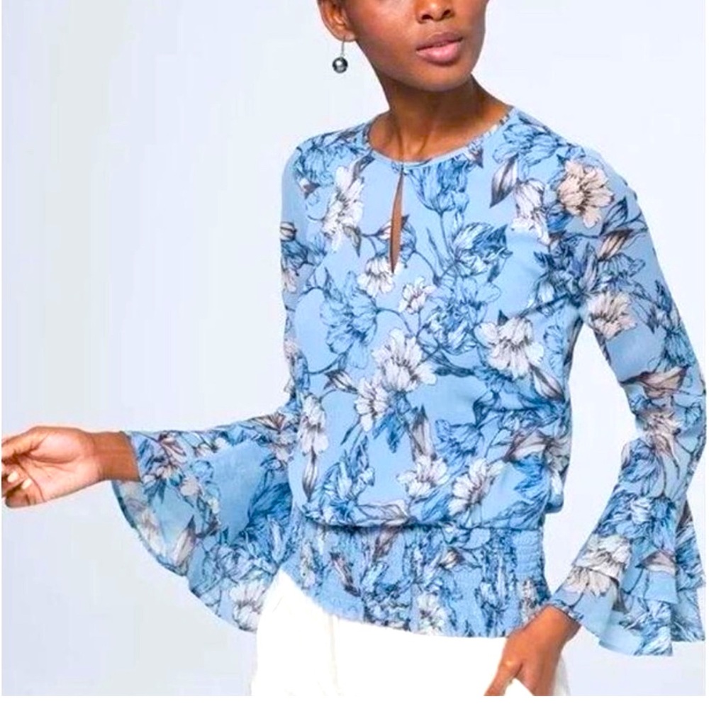 WHBM | Blue Floral Smocked Waist Bell Sleeve
Blouse  Size Medium